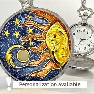 Mystic Sun & Stars Pocket Watch - Celestial Moon Cosmic Gift, Starry Vintage
